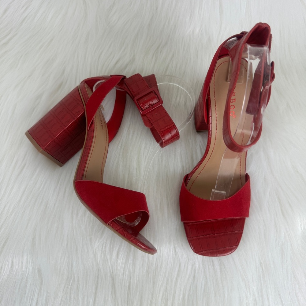 Women's Bamboo Red Milestone Croc Accent Ankle Strap Chunky Block Heel Sandals - Picture 4 of 11